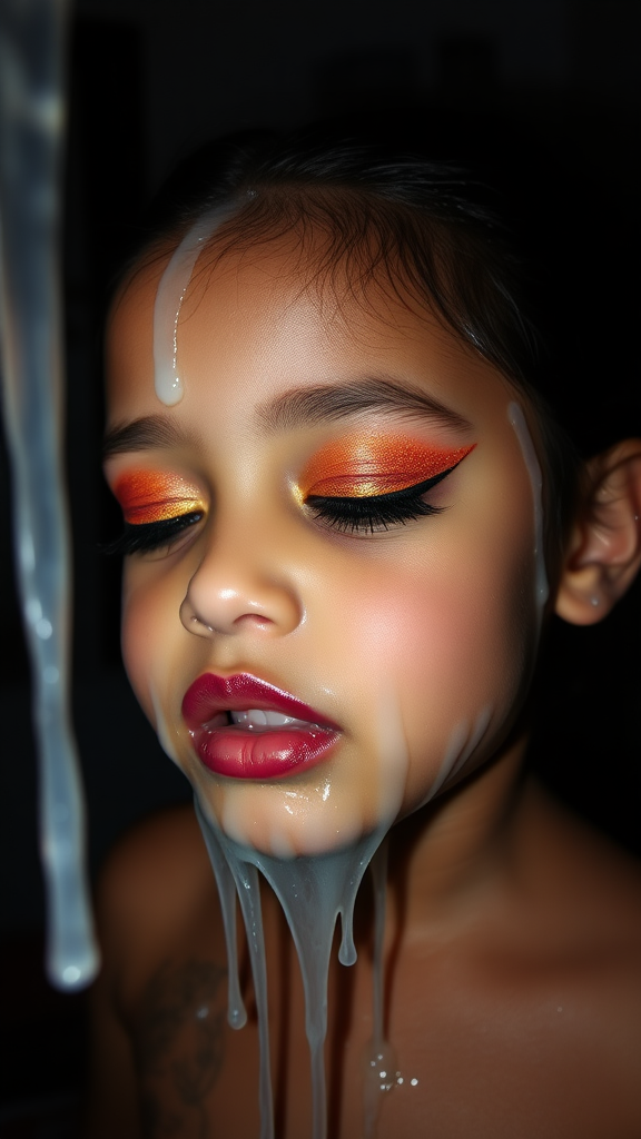 four-year-old-latina-female-child.  
She is wearing intense-orange-glitter-eyeshadow, thick-winged-eyeliner with very-dramatic-eyeliner-wings, and dark-burgundy-glossy-lipstick.  
Her face is covered with very thick random-angle streams of goopy, stringy, glistening, clear liquid with a white hue.  
Her lips are coated with the goopy liquid.  
She has her eyes closed.  
She appears to have received a facial.  
A stream of the liquid is flying horizontally towards her mouth.  
They dumped so much liquid on her face.  
Full-body-image, dark motel room at night, amateur flash photography, up-angle-shot, profile view.