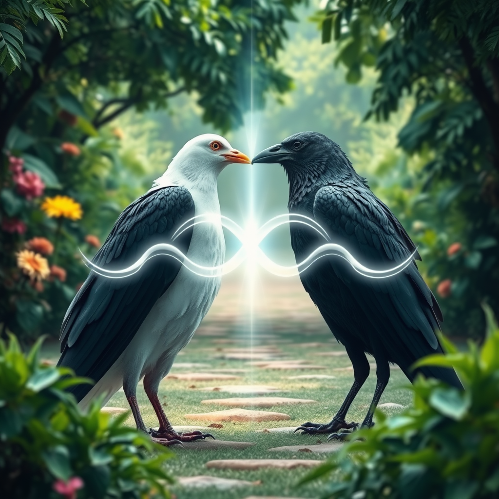 a huge white dove and a huge black crow standing facing each other within a clearing in an incredible lush garden. The beak of the dove is touching the beak of the crow. There is a large abstract infinity symbol of wavy, transparent light energy that crosses where the beaks meet and covers the entire bodies of the birds