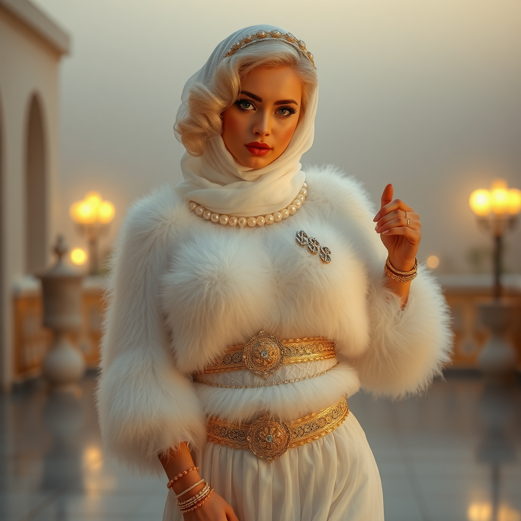 Kuwait desert palace harem patio misty dawn: Melissa, European 17 years old very convincing femboy “trophy-bimbo”, tamed servile docile, very beautiful feminine flawless face, rather short, by hormones very curvaceous womanly figured, platinum blond short tight curls, heavily made-up eyes, wearing Supertanya-style fluffy very fuzzy bright white angora turtleneck-poncho cropped ending under bust decorated with pearls and gemstones, striking oriental wide gold bridal protection belt, white fully transparent harem pants, full Oriental bridal jewelry, face covered by white sheer full Burka, coin anklets, striking diamond “$$$” letter brooch on left chest, pout frustrated, seductively dancing for the sheik, looking at camera. Focus on face and turtleneck-poncho.