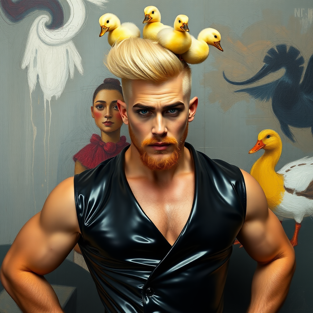 A 4K hyper-realistic photograph in the style of Kandinsky, blending surrealism with kitsch. The subject is a man with an extravagant, Italian blond haircut, styled in a flamboyant bun, paired with a sexy, Masculine look. He sports a neatly groomed, three-day beard — short, evenly distributed, with a light shadow effect across the chin, jawline, and cheeks. His makeup is dramatic, like a drag queen, adding to the boldness of his appearance. He has a muscular, athletic build, with a generous amount of chest hair peeking out from his glamorous outfit. He’s dressed in an extravagant, She wears a latex dress painted by Kandinsky. standing confidently with his hands on his hips. Above him, smaller ducks rest playfully on his head. The background is a painting by Kandinsky.