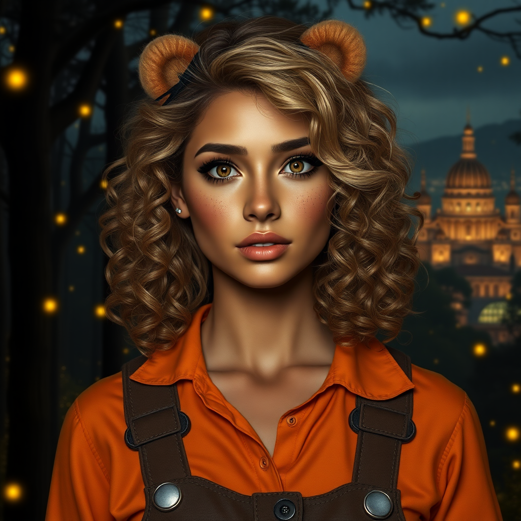 Create a realistic, detailed image of a 25-year-old woman with olive skin. Her eyes are amber and orange in color. Her hair is voluminous and curly to her shoulders. She has delicate features and her face is strong and cute at the same time. She wears a brown jumpsuit and an orange blouse underneath. She has freckles on her face. It's in the middle of a dark forest, lit by fireflies that glow softly. In the background, a city with fantastic architecture, giving a magical touch to the scene. The image must be extremely realistic, capturing every detail with precision and 8k quality. It looks like a photograph. Extremely realistic. 25 years old. She wears a bear clip on her head. Beautiful. Beautiful. Extremely realistic. Beautiful appearance. Shiny golden blonde hair.