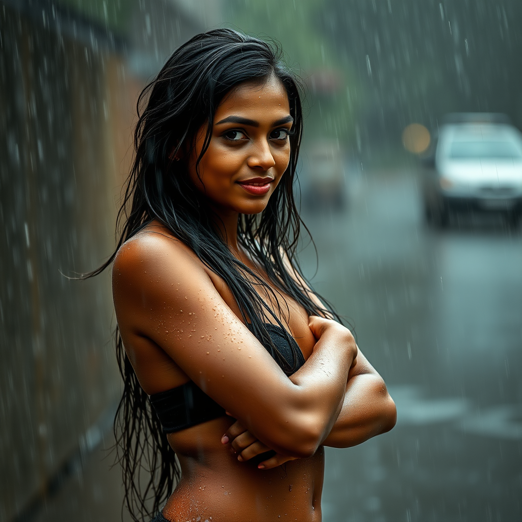 Indian girl totally wet in the rain, show legs and armpits