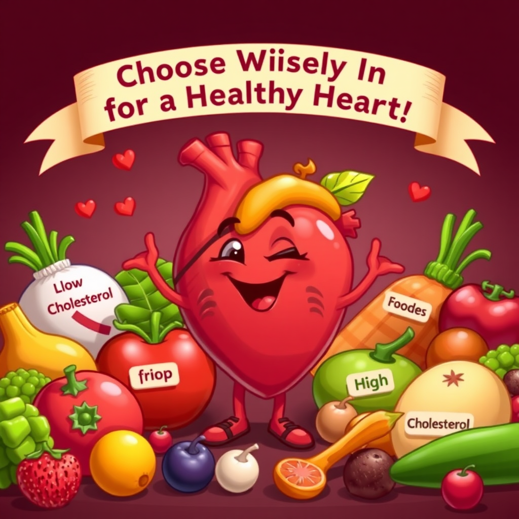 An imaginative scene of a cartoon heart happily interacting with various foods, some labeled "low cholesterol" and others "high cholesterol," surrounded by vibrant fruits and vegetables, with a banner overhead reading, "Choose Wisely for a Healthy Heart!"