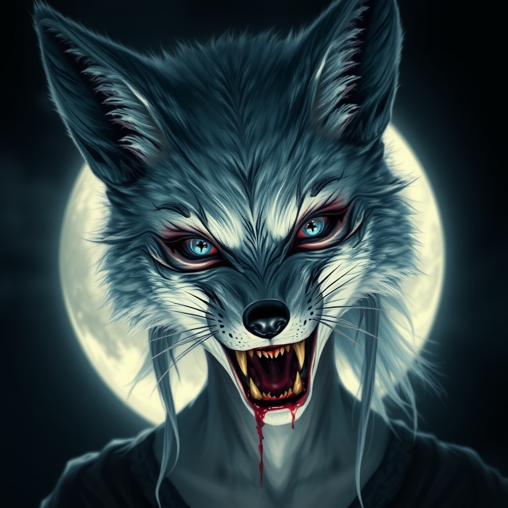 photorealistic style ancient eerie-looking kitsune-silverfox-girl with blue eyes with baring teeth with blood on the fox teeth, in front of the full moon