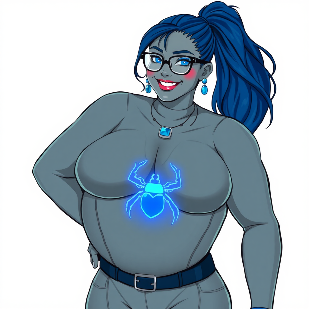 A cyberpunk vigilante’s full-figure middle gray metallic skinned computer program hybrid 28-year-old digital sidekick and loyal girlfriend. She has a long maximum blue ponytail and middle gray metallic skin. She wears maximum blue lipstick, blue eyes, a sapphire beetle gemstone necklace, sapphire earrings, black eyeglasses, and an oversized, digital, computerized, middle gray bodysuit featuring a neon blue glowing beetle chest icon accentuating her prominent, round, gargantuan midsection. She sports a beaming smile with a neon red blush. She serves as his minicomputer operating in his hi-tech wristwatch and supercar's onboard computer using her ability to hack into machines and computer to relay vital mission information. The background is solid white. She is drawn as if she was in a retro 2D cyberpunk fighting game. Her midsection is bloated to emphasize her figure.