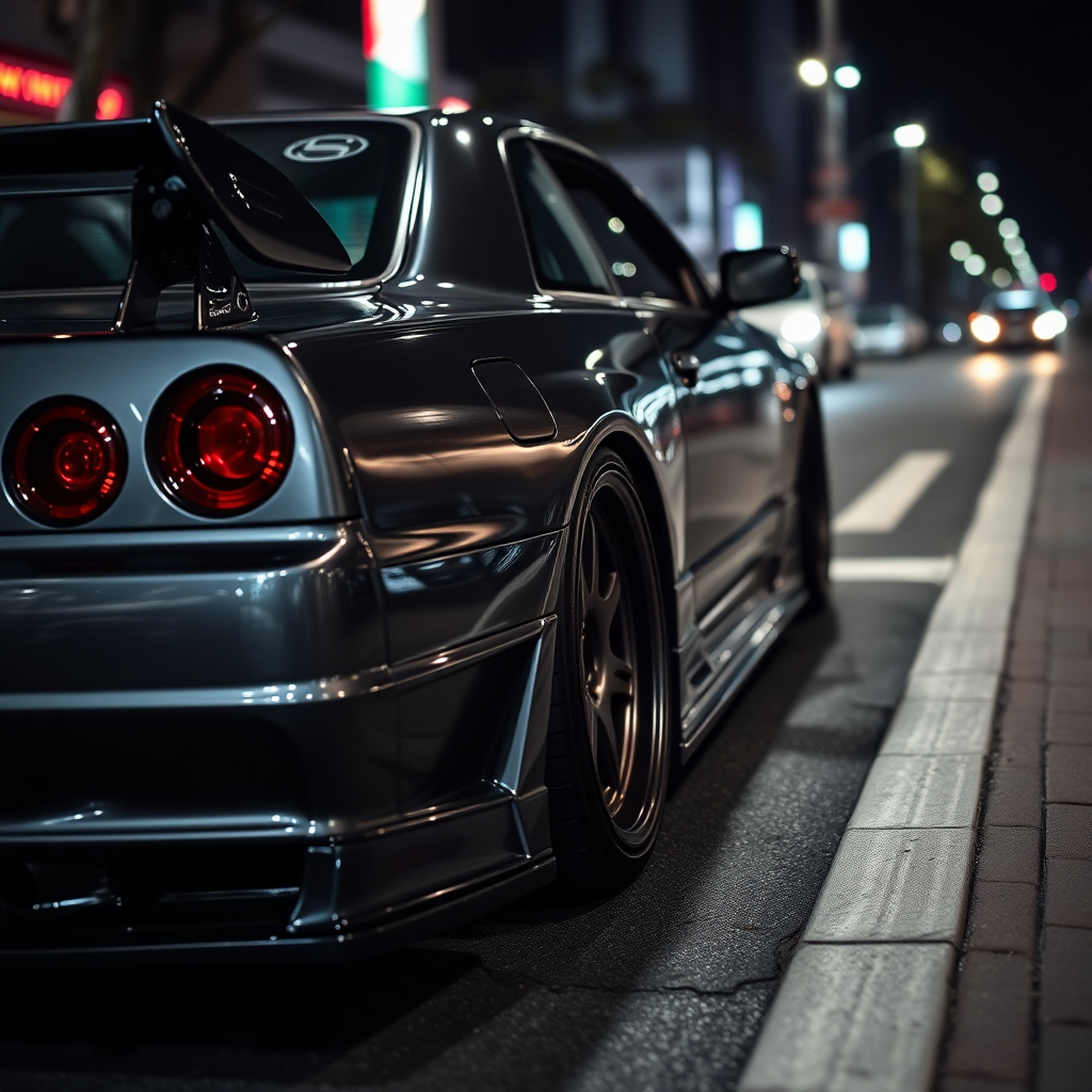 The car is parked on the side of the road, inspired by Taiyō Matsumoto, tumblr, restomod, nd4, c4 metallic shine gray black Nissan Skyline R34 Tokyo arkaplan hatasız tam eksiksiz ayrıntılı genel gerçek detaylar en iyi fotoğraf poz