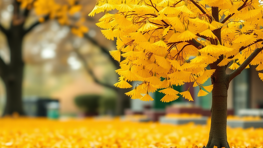 A realistic yellow ginkgo tree, with a large layout featuring a large yellow ginkgo tree placed on the right, leaves are falling underneath, and the background is depicted with out-of-focus elements.