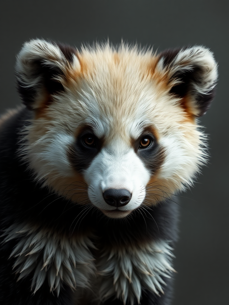 A photorealistic picture of an animal that is a mix of a panda and a silver fox.