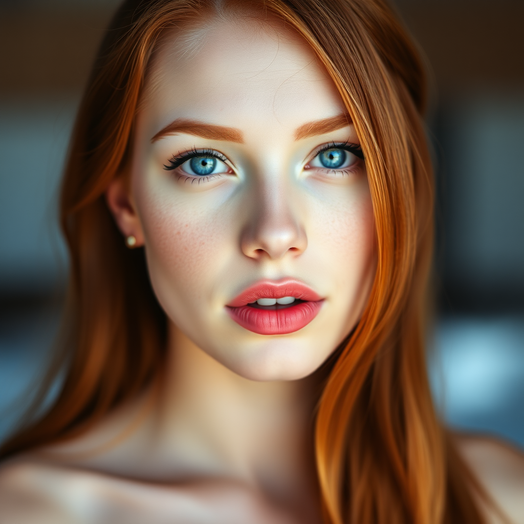 beautiful young elegant woman with ginger long hair, full lips, pale skin, on Alaska