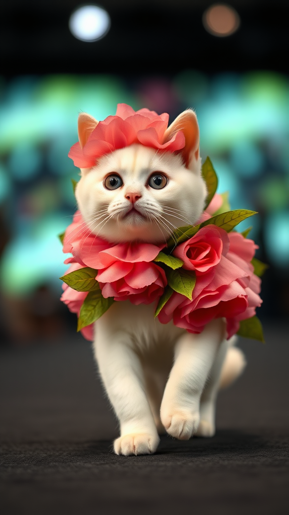 A little chubby big-eyed pink-nosed white cat walking on two paws wearing a real flower costume, doing a ramp walk in a fashion show.