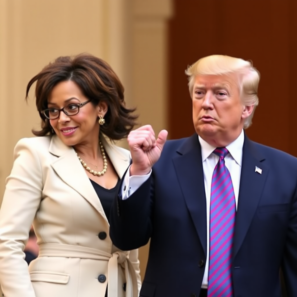 Dragon ball style Kamala Harris and Donald Trump mimic fusion position