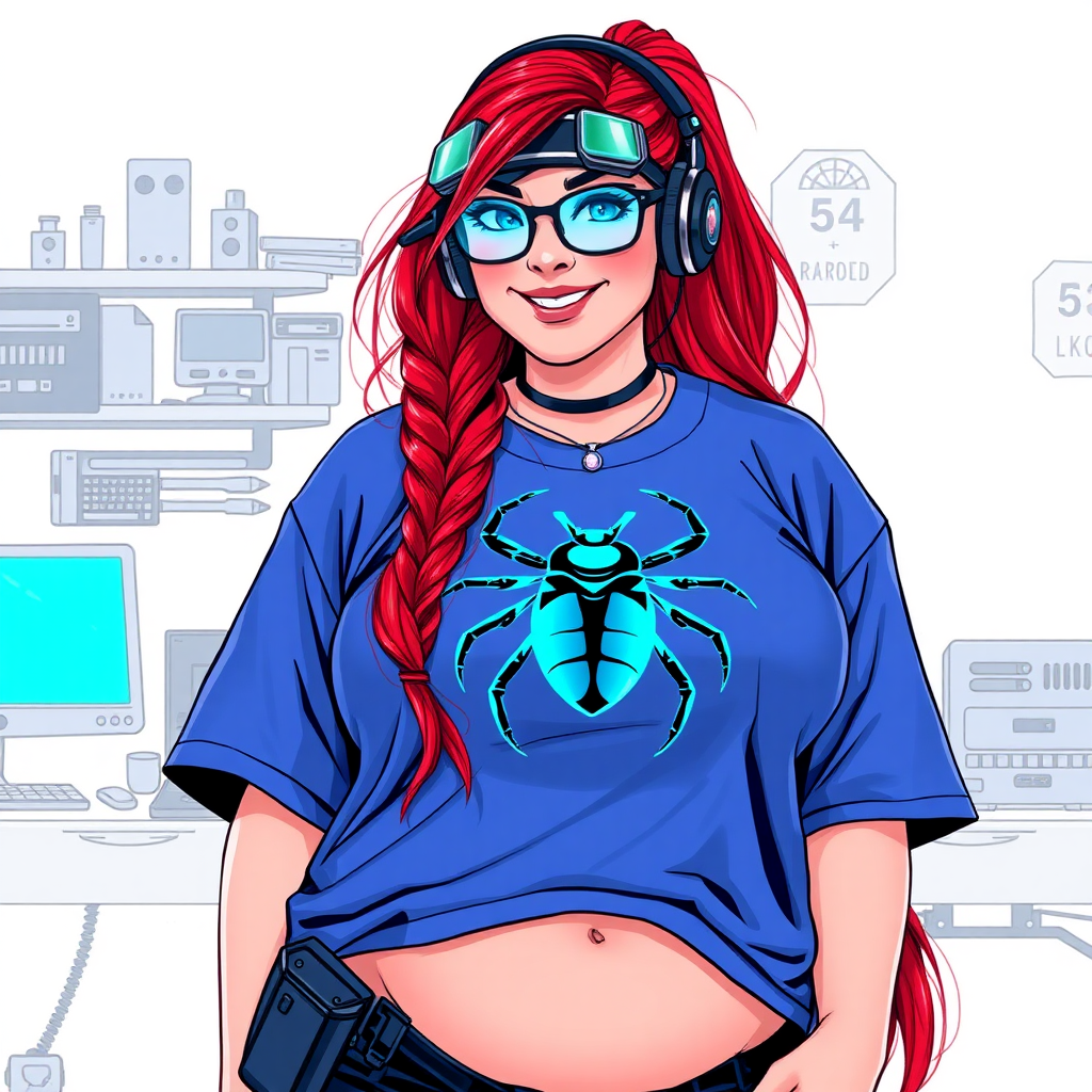 A cyberpunk vigilante’s full-figured intelligent and tech-savvy 29-year-old girlfriend, who is a computer hacker and tech genius. She has a long ruby red ponytail and bright blue eyes. She wears a sapphire beetle gemstone necklace, and an oversized maximum blue t-shirt featuring a giant neon blue glowing icon of a beetle on its chest. She has a full-figured physique with a prominently, gargantuan, well-rounded midsection, reflecting her well-cared-for lifestyle. She sports a sapphire headset with hi-tech maximum turquoise lensed HUD visor, black eyeglasses, and a beaming smile with a passionate bright red blush. Despite her figure and a lack of self-esteem, she radiates an air of beauty. She has a slim face which contributes to her radiant beauty. She serves as his tech expert from his hideout, diligently working at her workshop with a computer desk and tool bench. The background is solid white. She is drawn as if she was in a retro 2D cyberpunk fighting game. Ensure her shirt covers her midsection.