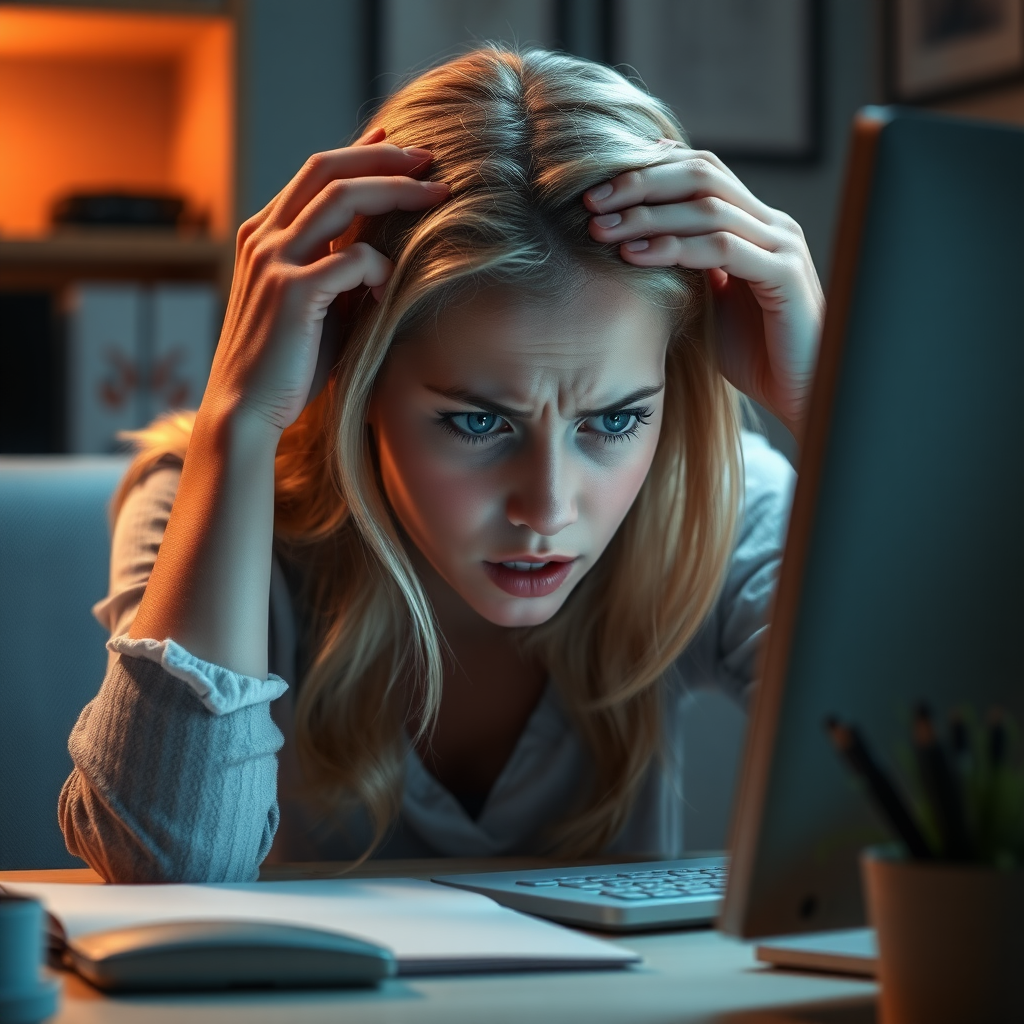 Create a detailed photo-realistic scene of a desperate young nice bright blonde girl sitting in front of a computer. Her posture should reflect frustration, with her hands either on her face or gripping her head. Her surroundings are a typical home or office workspace, with dim lighting adding to the tense and stressful mood. The computer screen could show error messages, glitches, or something causing her distress. The woman’s expression should be a mix of anxiety, exhaustion, and very despair and sad and very angry with subtle attention to facial details like furrowed brows or clenched jaws.