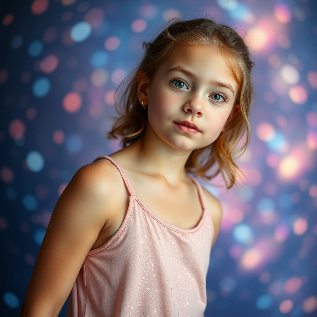 preteen girl in natural pose, full body shot, dreamscape, nebula, Bokeh, abstract, brilliant colors, glittering, translucent, iridescent, natural skin, glowing, artistic photo, wide angle, cute, interesting, microscopy, airy, original, experimental, refraction