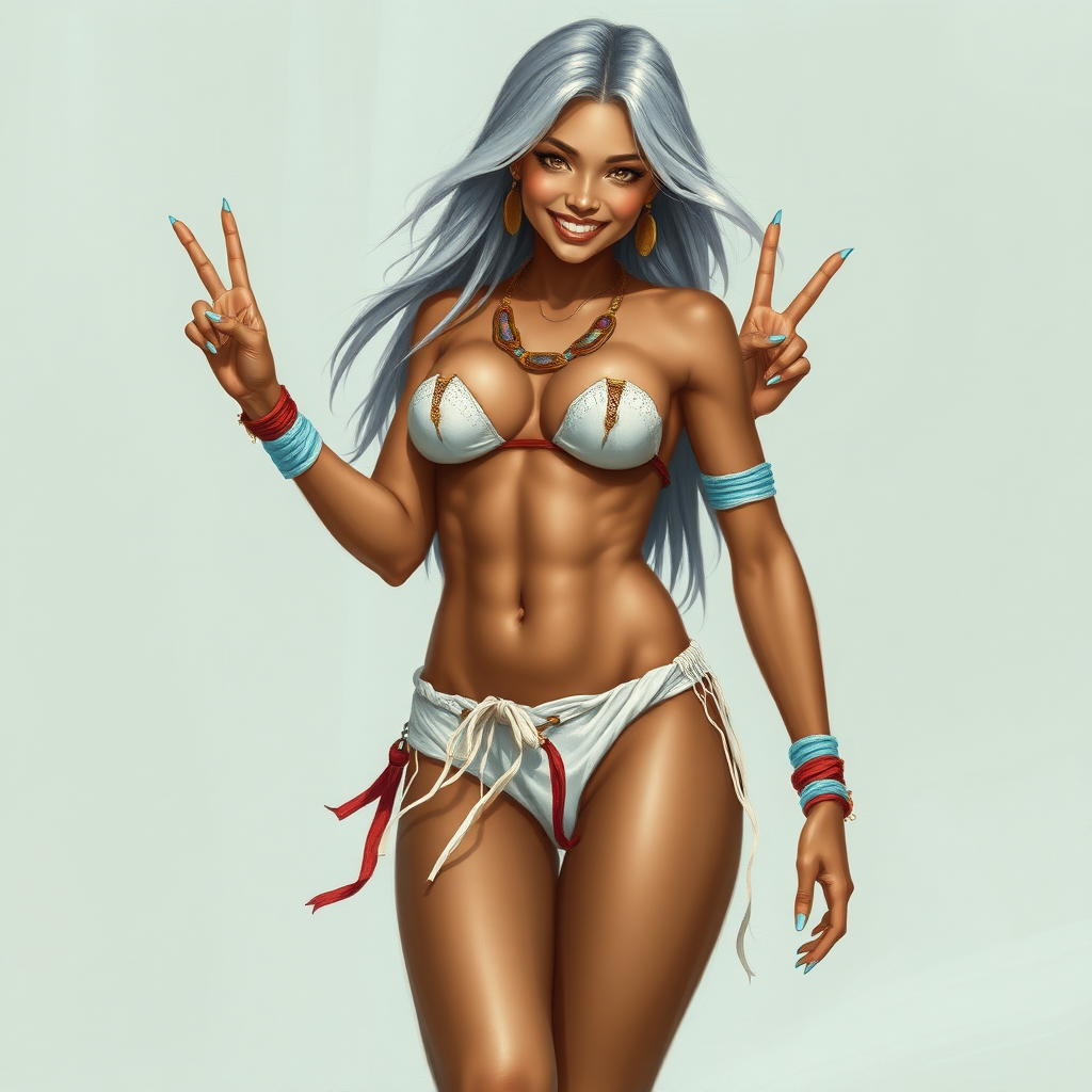 Uncommonly tall for a woman; being 6' (183cm) tall. She has brown skin and short flowing silvery hair. She is barefoot and has long, powerful legs. She has abs and is muscular. Her fingers and toenails are painted sky-blue. Her attire consists of a white primitive scant revealing two-piece bikini-like outfit with pale red, sky-blue, gold and purple bands on her neck, arms, wrists, shins, and ankles. fantasy painting high contrast, symmetrical proportional asian face. well-drawn, highly detailed, and beautiful rendering. One hand holding hips, another hand peace sign, joyful smile, exaggerated tilted sexy pose.