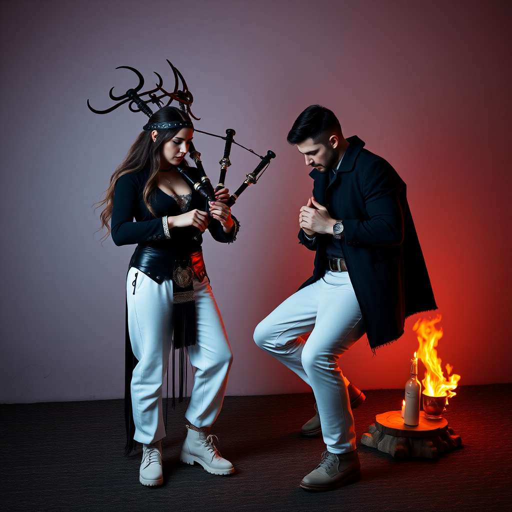 beautiful evil woman wearing white sweatpants playing her bagpipes hypnotizing her boyfriend