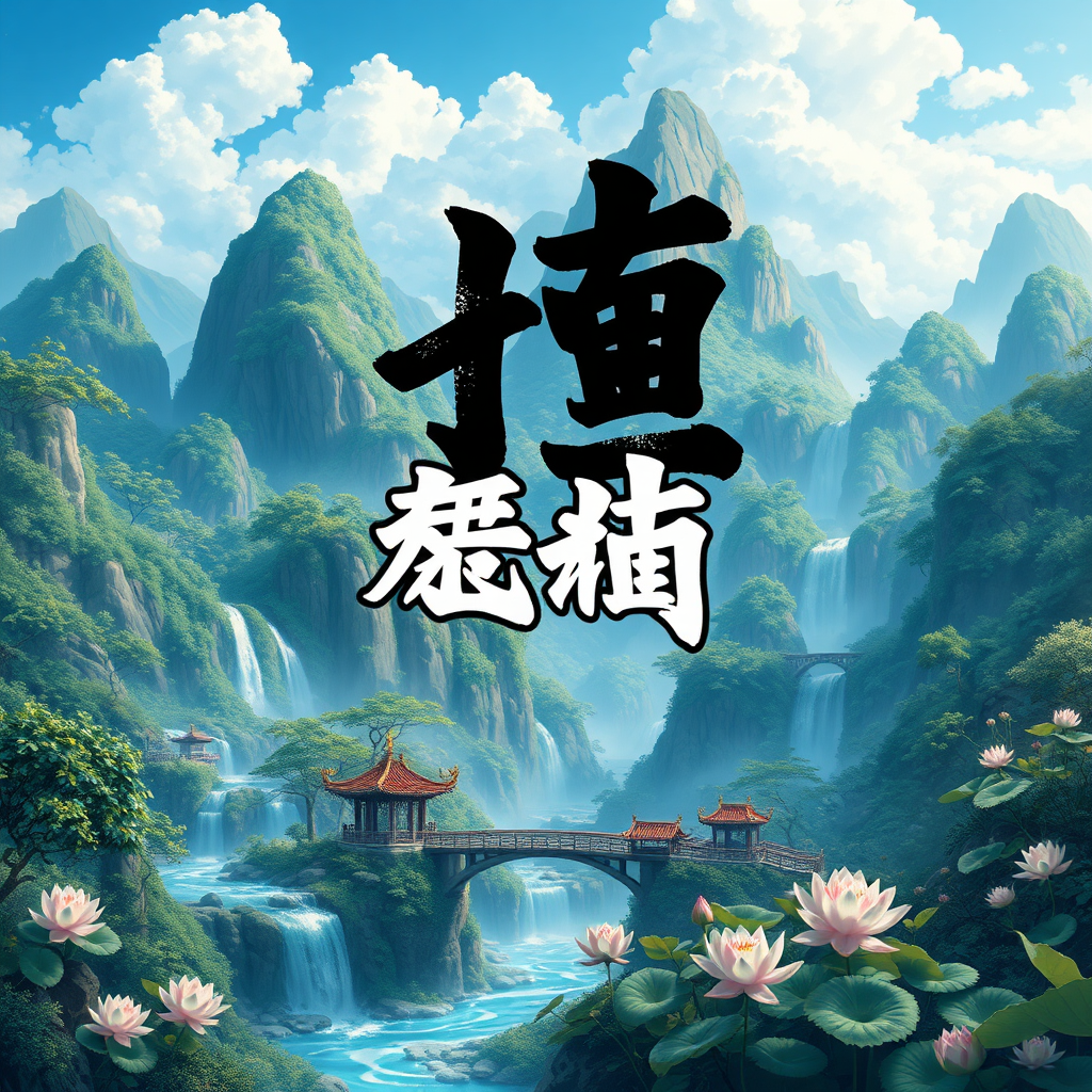 Masterpiece, highest resolution, highest quality, HD高清, high mountains, green forests, waterfalls, flowing water, small bridges, lotus flowers, lotus leaves, blue sky and white clouds, cartoon landscape style, integrating the two characters "祝策" into the artwork using graffiti shadow texture, generating this artistic signature.