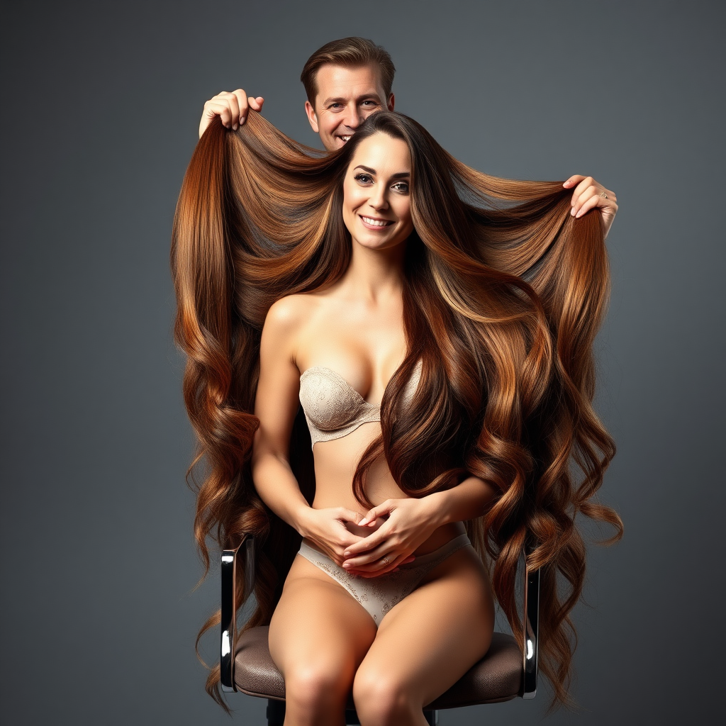 In a beautifully lit photo studio, adorned with soft diffused lighting that creates a warm, inviting atmosphere, Kate Middleton sits gracefully in an elegant salon chair with her hands in her lap, showcasing her luxurious, flowing locks that cascade down like a shimmering waterfall of chestnut and gold. A hairstylist stands behind her and smiles at the camera as he holds up Kate's long magnificent hair, gently spreading it, allowing it to fan out in a majestic display that captures the eye. Kate's delicate lingerie blends in with her skin, offering an air of eroticism and allure. The plain gray background serves to highlight her striking figure and the dazzling sheen of her hair.