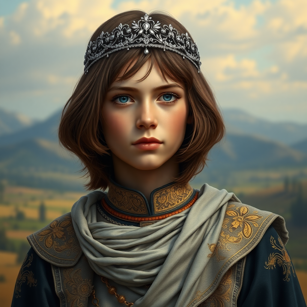 16yo teen boy prince, long bob cut, embroidered with gold and diamonds medieval cloths, diamond diadem, and Beautiful War. Free style by FLUX photorealistic. The background is in the style of landscape style by Antonio del Polaiolo, ultra high resolution, 16K,