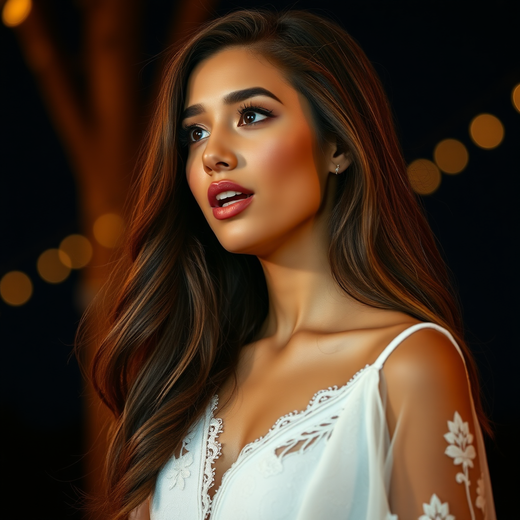 a young woman singing. long brunette hair with highlights, bright blue eyes. suntanned skin. small lips colored pale rose. looking to the side. wearing an elegant long white dress with transparent lace. view from far. night sky in background. photo