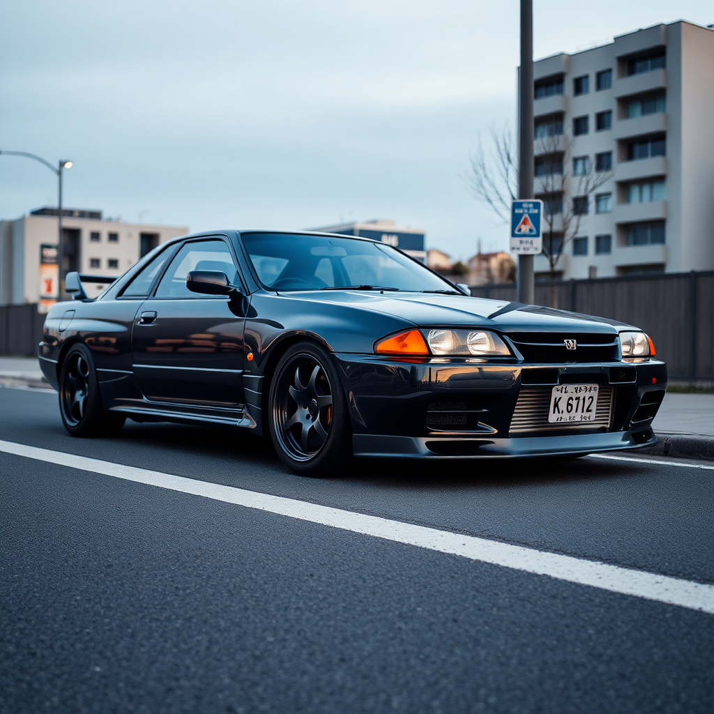 The car is parked on the side of the road, inspired by Taiyō Matsumoto, tumblr, restomod, nd4, c4 metallic shine nissan skyline r34 kalabalik tokyo gece arkaplan