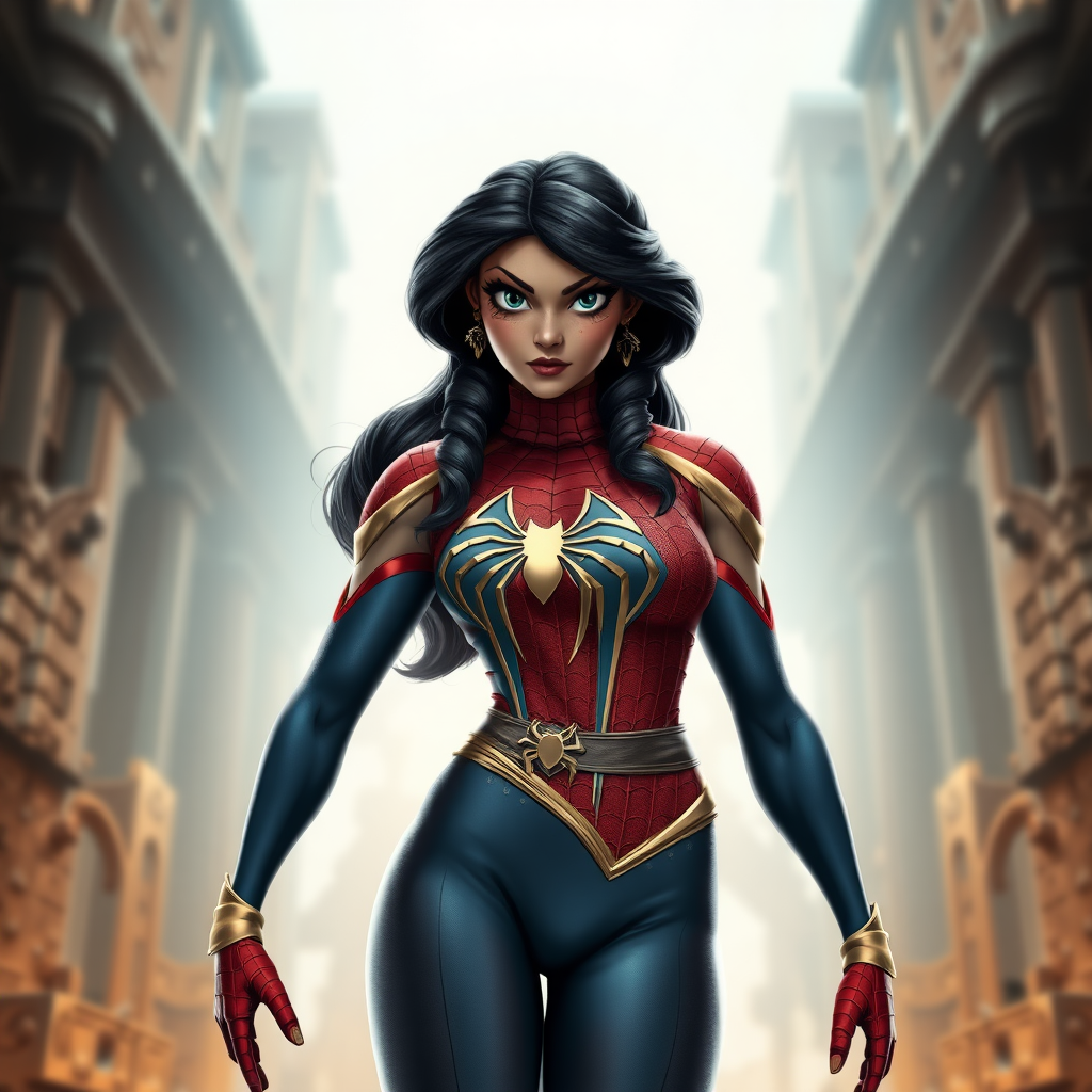 A full-body, photorealistic image of Princess Jasmine possessing the muscular physique of Spider-Man, maintaining her distinctive head and hairstyle, wearing a modified costume tailored to her transformed figure, set against a composite background blending elements from both the Princess Jasmine and Spider-Man universes.