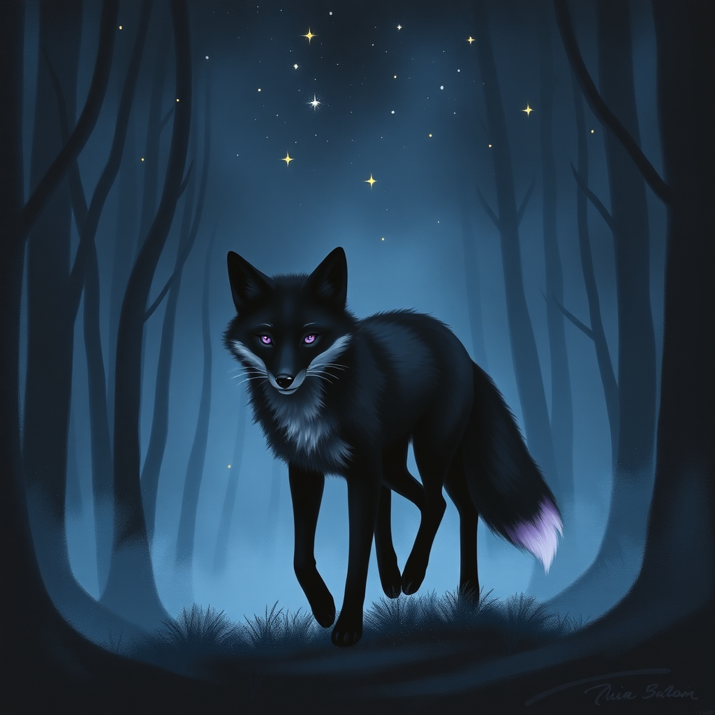 A minimalistic oil painting of a black fox with deep purple eyes and tail tip, the fox is walking through a misty dark forest at night with fireflies, stars, trees, fog, and more.