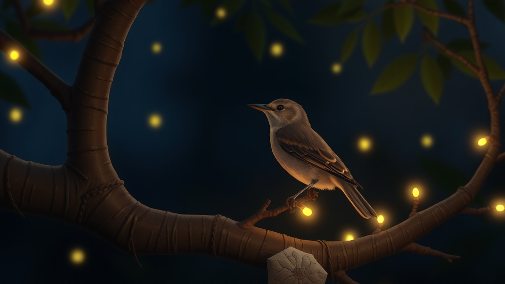 mockingbird sitting on a branch at night and little fireflies around animation