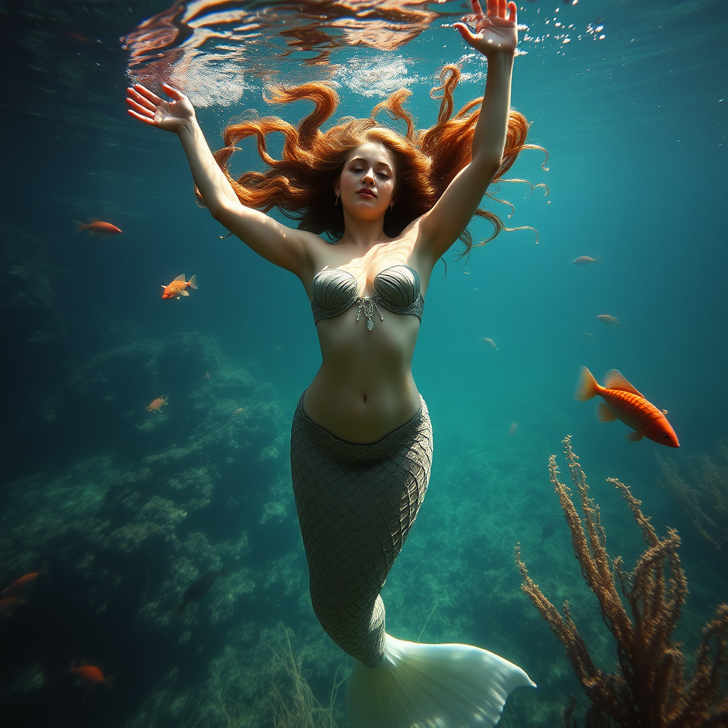 Aphrodite as a mermaid she's floating underwater surrounded by sea creatures and plant life. Her graceful arms float above her head. In the photographic style of Richard Fegley on DSLR