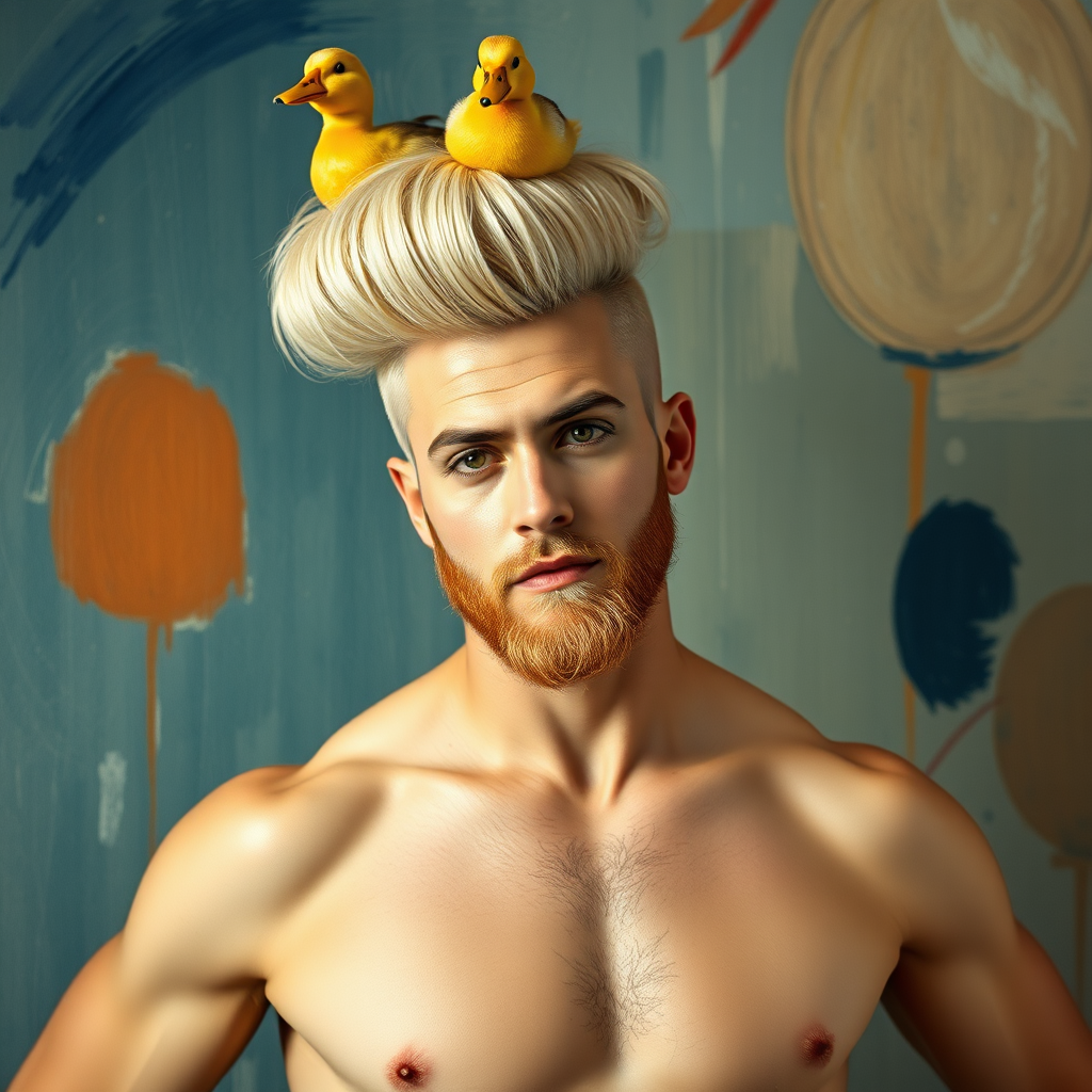 The background is a painting by Kandinsky. A 4K hyper-realistic photograph in the style of Kandinsky, blending surrealism with kitsch. The subject is a man with an extravagant, Italian blond haircut, styled in a flamboyant bun, paired with a sexy, Masculine look. He sports a neatly groomed, three-day beard — short, evenly distributed, with a light shadow effect across the chin, jawline, and cheeks. His makeup is dramatic, like a drag queen, adding to the boldness of his appearance. He has a muscular, athletic build. He’s naked, standing confidently with his hands on his hips. Above him, smaller ducks rest playfully on his head.