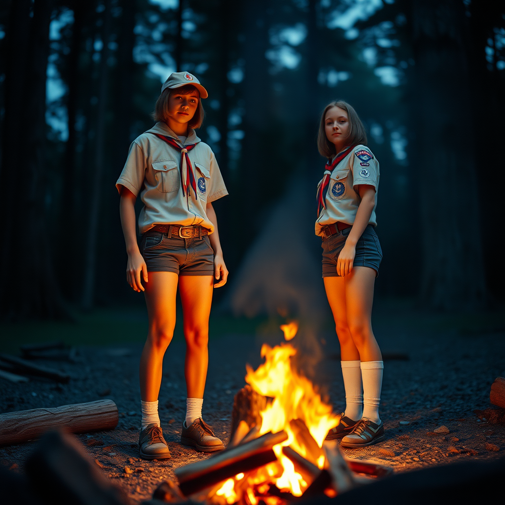 two tall 14yo teen boys, long bob cut, wearing American boy scout uniform with uniform matching very tight booty shorts, tube socks, shoes, cap, long legs, narrow thighs. a campfire. full-length view. 1980s. photorealistic, ultra high resolution, 16K, Negative: grainy, blurry, bad anatomy, extra limbs, watermark.