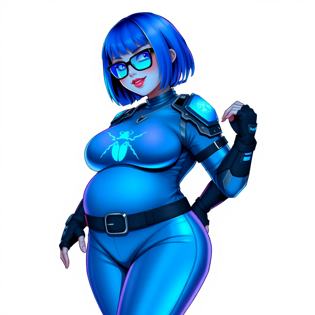 A 28-year-old, full-figured, metallic maximum blue (5PB 5/10) skinned computer program hybrid with a maximum blue bob cut. She has a non-athletic build, highlighted by a prominent, round midsection (with heavy emphasis on her round belly), which shows the effects of her love of junk food acquired from her boyfriend. As the full-figured, nerdy, digital sidekick to her cyberpunk vigilante boyfriend, her metallic maximum blue skin and maximum blue lipstick (5PB 5/12) emphasize her digital nature. Her skin has a subtle, animated glow, with digital patterns occasionally flickering across it, making her digital nature obvious. She wears a digital, computerized costume, consisting of a massive, tight-fitting, maximum blue biker shirt (5PB 5/12) made out of advanced nanotech with a neon blue glowing chest icon of a beetle, hi-tech shoulder pads with neon blue accents, a black hi-tech belt with a digital neon blue glowing buckle, digital maximum blue biker pants (5PB 5/12) with neon blue accents, and black hi-tech fingerless biker gloves with neon blue glowing accents. Her neon blue glowing eyes, black eyeglasses with neon blue glowing lenses equipped with a built-in HUD, and bashful smile with neon red blush accentuate her nerdiness. She stands bashfully with one hand behind her back and the other hand gently touching her cheek, her costume covering all her skin and emphasizing her full figure (especially her round belly). She is clearly non-athletic, with a focus on her full-figured physique. Despite her build, she radiates beauty. She has a slim face compared to her physique, accentuating her radiant beauty. She is on a solid white background. She is drawn as if she were in a retro 2D cyberpunk fighting game.