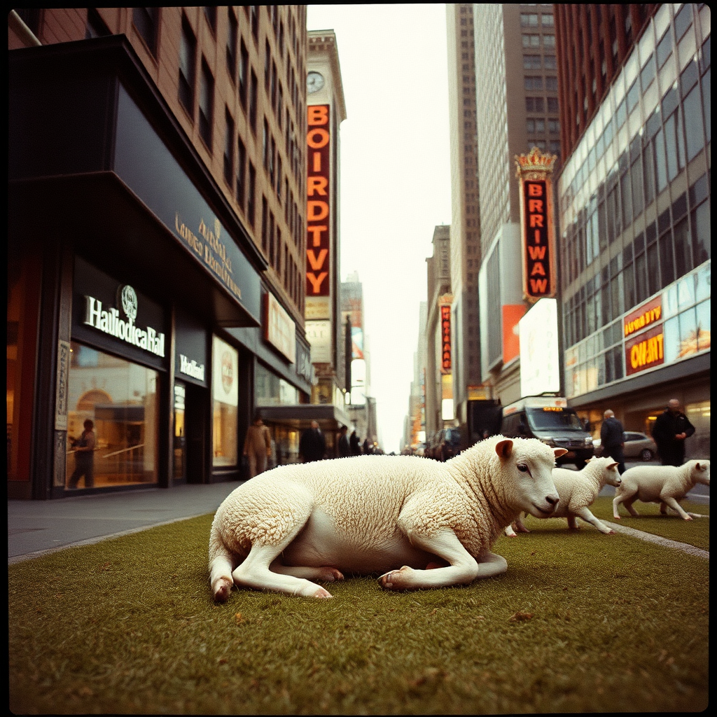 Highly detailed Kodachrome color real surrealist photograph from 1974 of And the lamb lies down on Broadway