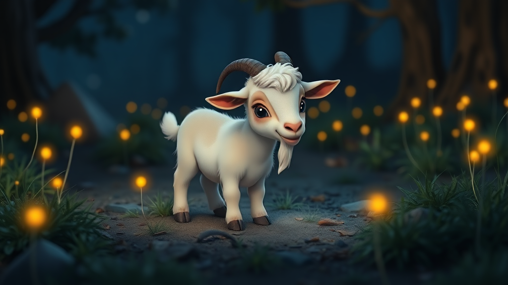 A cute Billy goat in ground at night some fire flies around animation