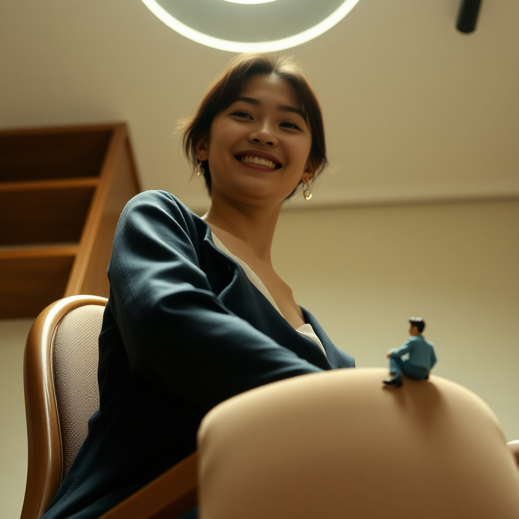 photo low angle full body shot beautiful xiaomeimei looking down. She is sitting on a chair. she is grinning. a 3-inch man sits on the edge of the chair