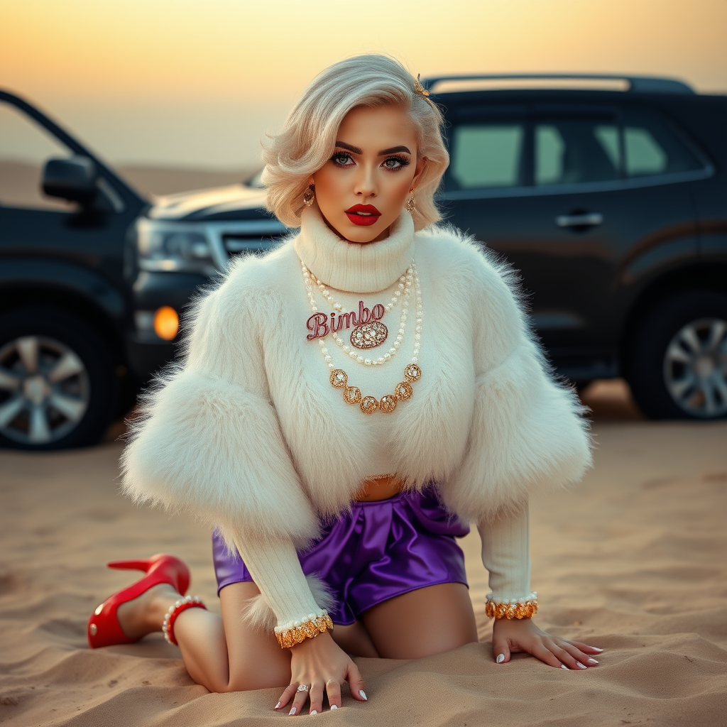 Kuwait desert dunes misty dawn, full size luxury SUV: Melissa, European 17 years old very convincing femboy “trophy-bimbo”, tamed servile docile, very beautiful feminine flawless face, rather short, by hormones very curvaceous womanly figured, platinum blond short tight curls, bold red lips, long white French nails, heavily made-up face, wearing Supertanya-style fluffy very fuzzy bright white angora turtleneck-poncho cropped ending under bust decorated with pearls and glass stones, very tight purple vinyl mini pleated skirt, bright red pumps with golden very high heels, white pearl belly piercing, full Oriental bridal jewelry including headpiece, nose-ring, coin wristlets, coin anklets, striking diamond “Bimbo” letter brooch on left chest, thick heavy pearl wristlets, pearl anklets, pout frustrated, kneeling in sand in front of SUV, looking at camera. Focus on face and turtleneck-poncho.