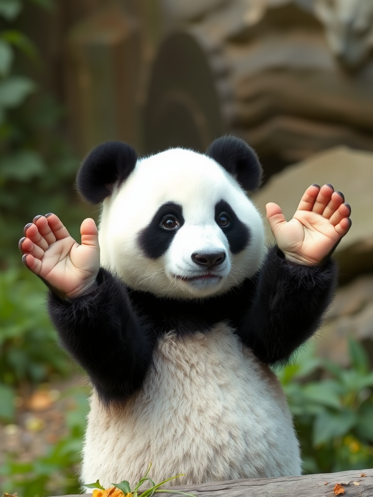 A picture of a panda bear raising his hands, shrugging. As to indicate that he does not know the answer to a question being asked him.