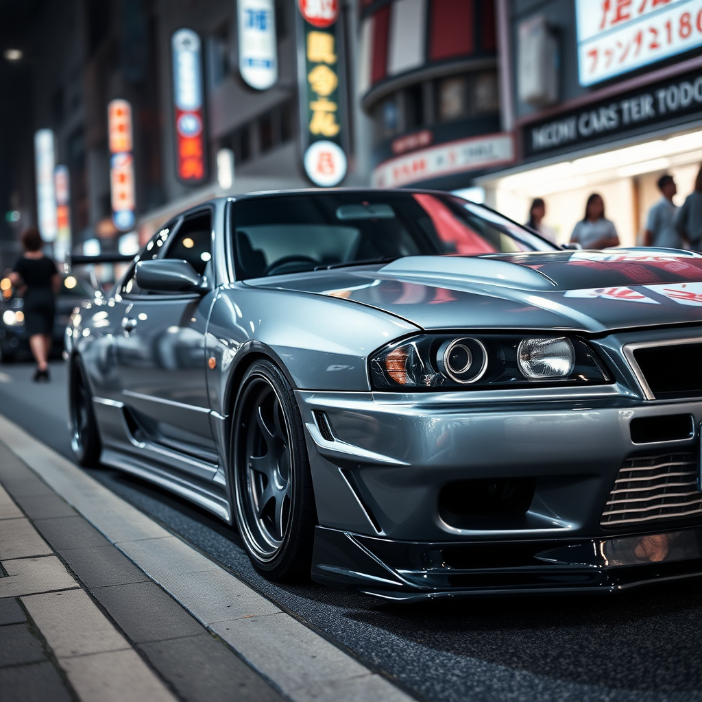 The car is parked on the side of the road, inspired by Taiyō Matsumoto, tumblr, restomod, nd4, c4 metallic shine gray black nissan skyline r34 tokyo night cosplay women background flawless detailed overall realistic details