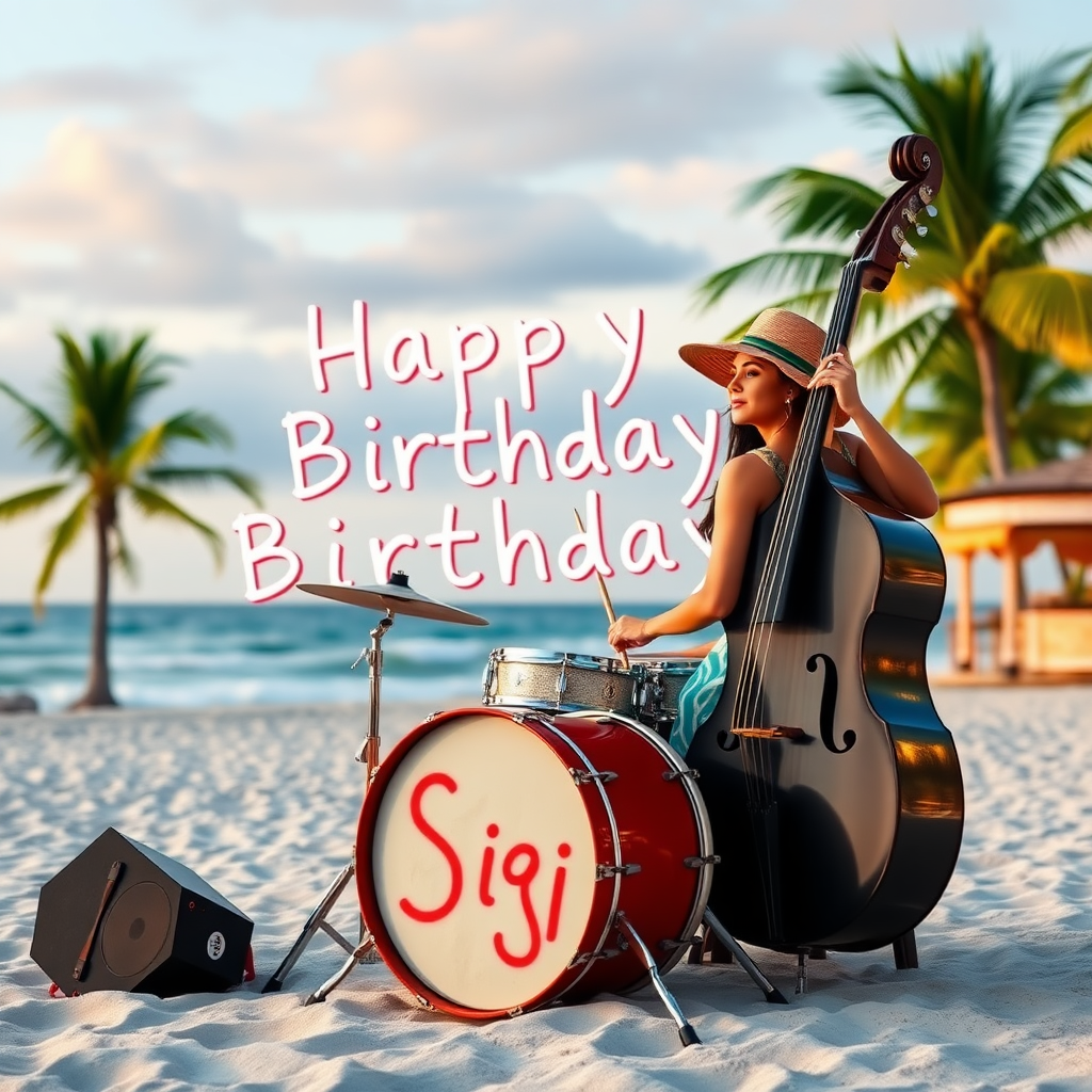 Latin Lady sitting on Drumset on beach with Palms and bar,  Doublebassdrum spelling the words "Happy Birthday Sigi"