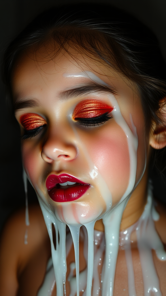 six-year-old-latina-female-child.  
She is wearing intense-orange-glitter-eyeshadow, thick-winged-eyeliner with very-dramatic-eyeliner-wings, and dark-burgundy-glossy-lipstick.  
Her face is covered with very thick random-angle streams of goopy, stringy, glistening, clear liquid with a white hue.  
The liquid is clumped onto her lips.  
She has her eyes closed.  
She appears to have received a facial.  
A stream of the liquid is flying horizontally towards her mouth. They dumped so much liquid on her face.  
Full-body-image, dark motel room at night, amateur flash photography, up-angle-shot, profile view.  