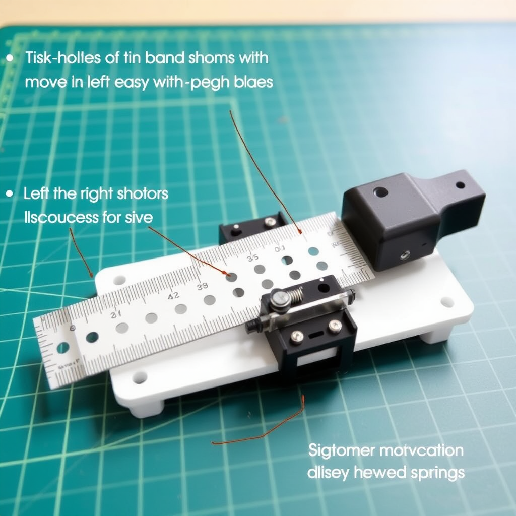 Plastic board and cutting mat: A cutting mat is placed or secured on a plastic board to create a stable surface for cutting tasks.

Ruler with holes for the blade: A ruler (or a tool acting as a slider) with thin holes that allow the blade to pass through is secured on top of the plastic board.

Left and right movement: A fixing device is used to allow the ruler to move left and right, enabling it to be positioned as desired during work.

Up and down movement using springs: Springs are attached to allow the ruler to move up and down, enabling it to be raised or lowered when needed. This seems to facilitate easy movement of the ruler and carrying out cutting tasks.