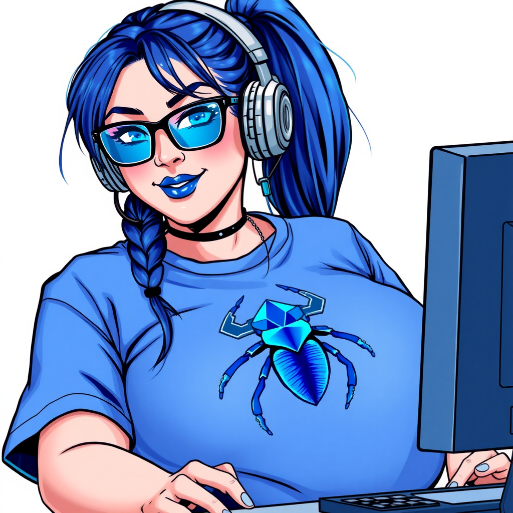 A cyberpunk vigilante’s full-figured intelligent and tech-savvy 28-year-old girlfriend, who is a computer hacker and tech genius. She has a long maximum blue ponytail. She wears maximum blue lipstick, bright blue eyes, a sapphire beetle gemstone necklace, sapphire earrings, black eyeglasses, and an oversized maximum blue t-shirt featuring a blue sapphire gemstone crusted scarab beetle chest icon. She has a full-figured physique with a prominent, massive, round belly, reflecting her well-cared-for lifestyle. She sports a sapphire headset with a hi-tech maximum turquoise lensed HUD, and a shy smile with a neon red blush. She serves as his tech expert from his hideout, diligently working at her lab table computer desk. The background is solid white. She is drawn as if she was in a retro 2D cyberpunk fighting game. Ensure her maximum blue t-shirt covers her belly.