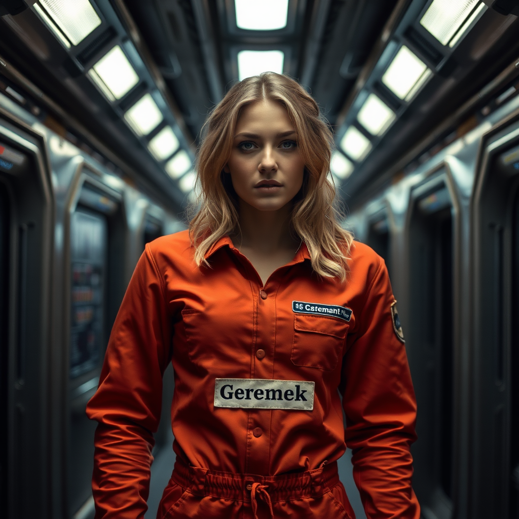 A twenty something female like Ana de Armas, athletic, medium length wild strawberry blond hair, in a jumpsuit standing in a dimly lit hallway of a space ship with a name tag sewn on the front that says "Geremek"