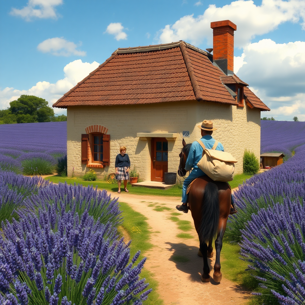 Create a picture of: In a small village in France, 16-year-old Pierre Duval lived with his parents and his older brother, Jacques. Their house was near beautiful fields of lavender. The year was 1914, and life in the village was peaceful.

A man on a horse arrived. The man had a bag full of letters.

“Papa! The letters are here!” Pierre shouted.