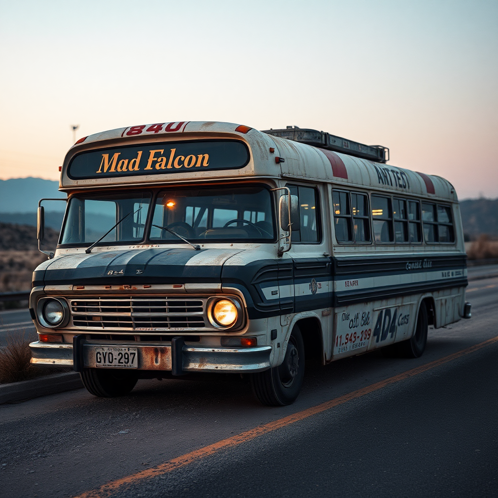 ford falcon mad max apokiptik night dust rusty the bus is parked on the side of the road, inspired by Taiyō Matsumoto, tumblr, restomod, nd4, c4