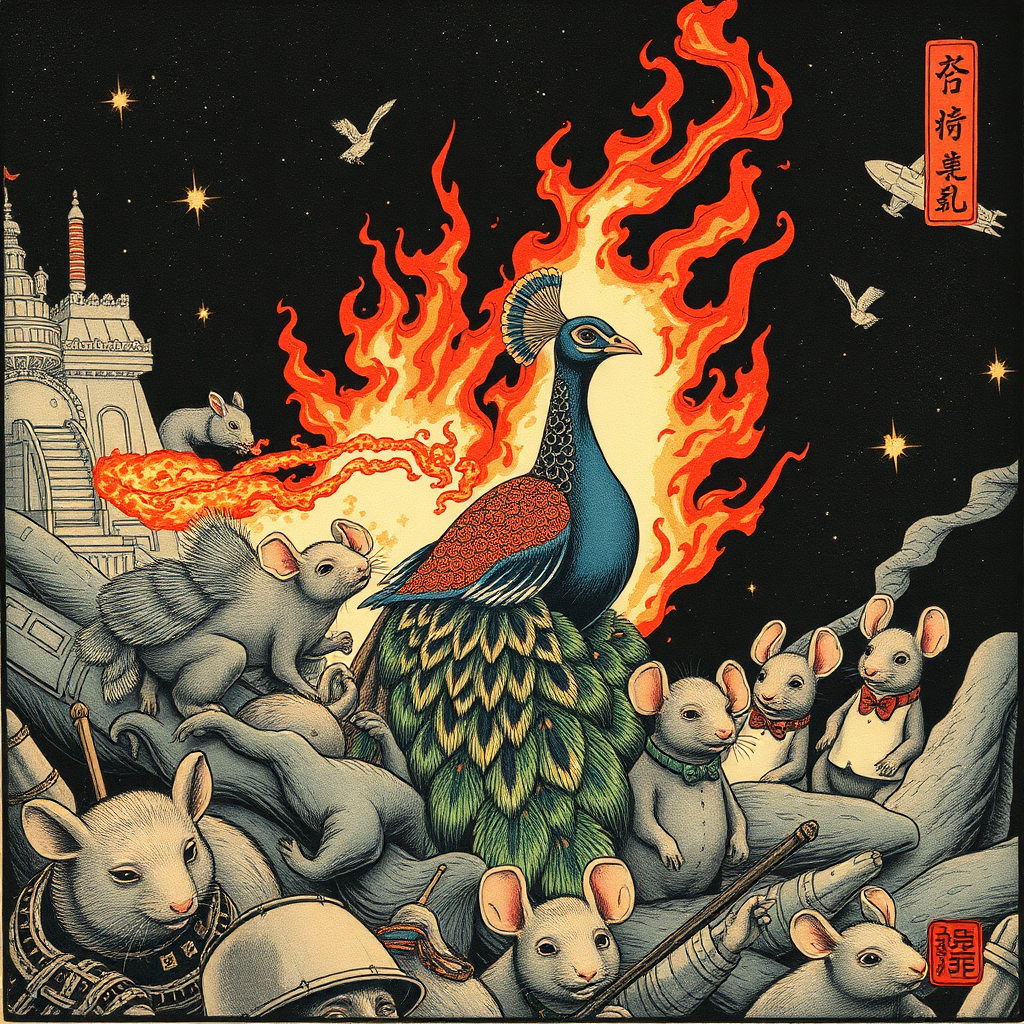 A tattooed peacock saving well-dressed rats from a burning spaceship ,Chinese woodcut,