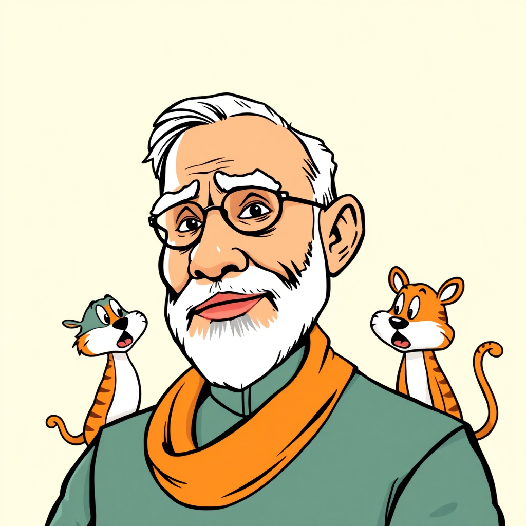 Create an illustration of prime minister Mr. Narendra Modi in the style of Leader and Hobbes comics by a famous cartoonist, as if Narendra Modi was part of a comic featuring Hobbes.