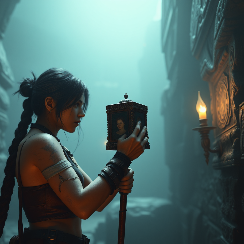 Tomb raider, Unreal engine style, Lara Croft finds an antique dildo relic.