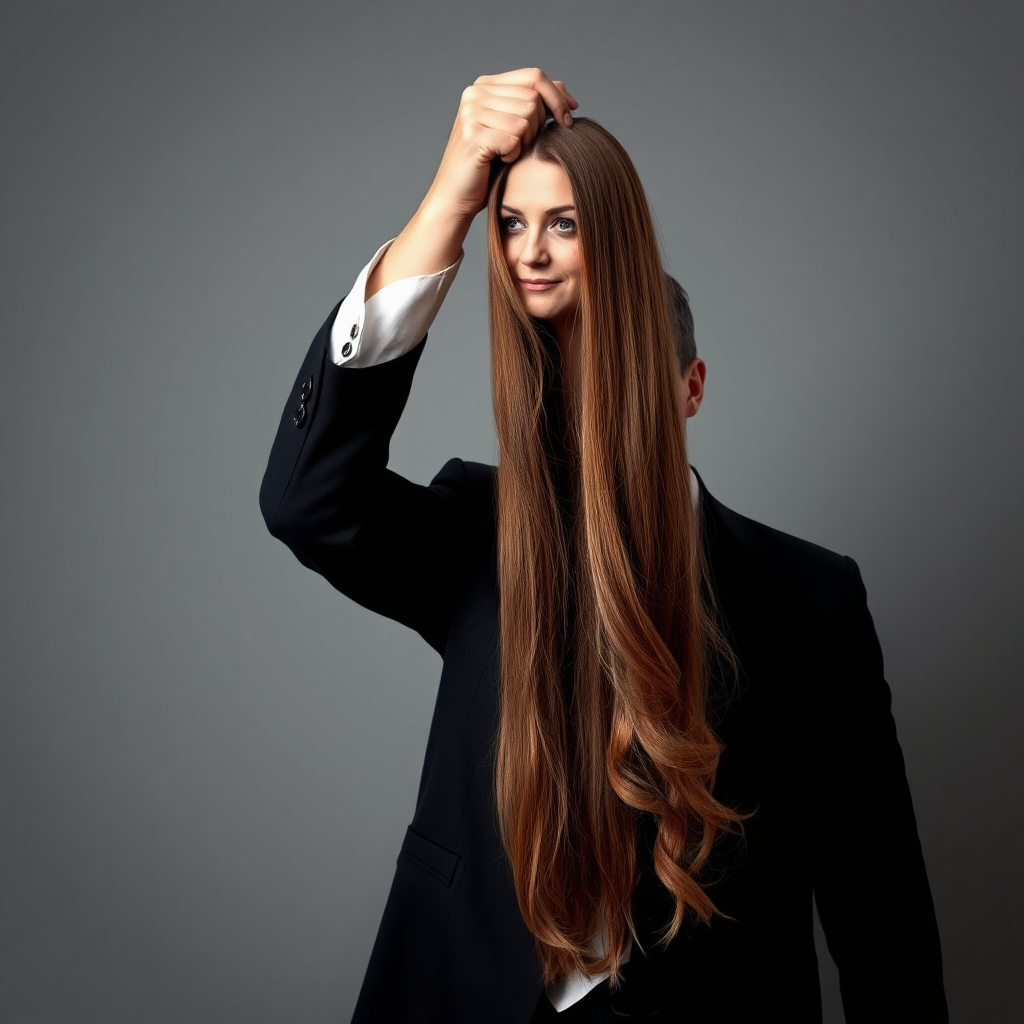 A surreal image of a magician holding up the disembodied head of a very long haired Kate Middleton. He is grabbing her very long hair and pulling it up high in the air, while her head is hanging by her hair from his grasp to display it to the camera. Plain gray background.