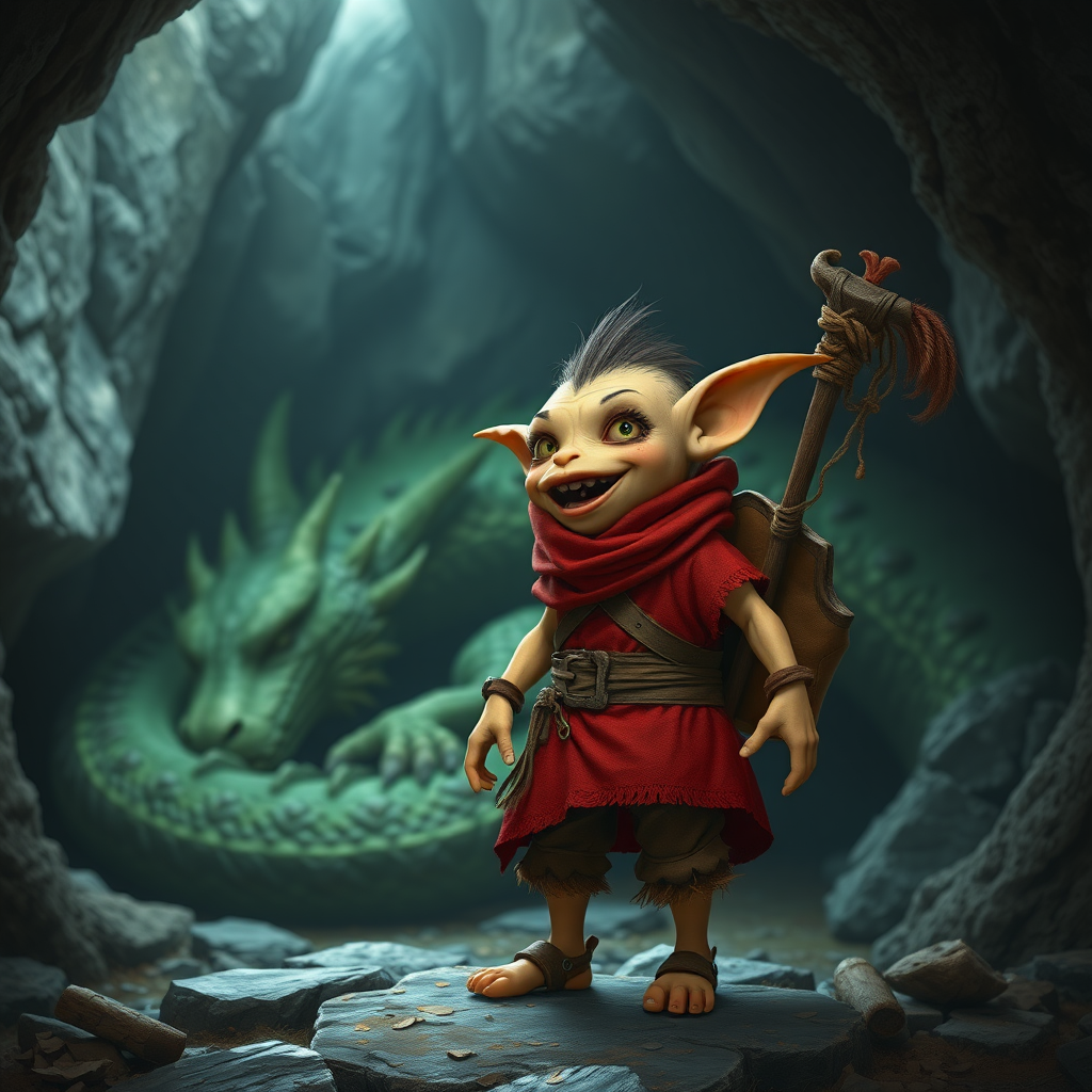 A realistic shot of a small, skinny, light brown, kobald monster in a tattered red tunic and dirty brown pants wearing a quaterstaff on his back who is excited to see a large sleeping green dragon in a cave.